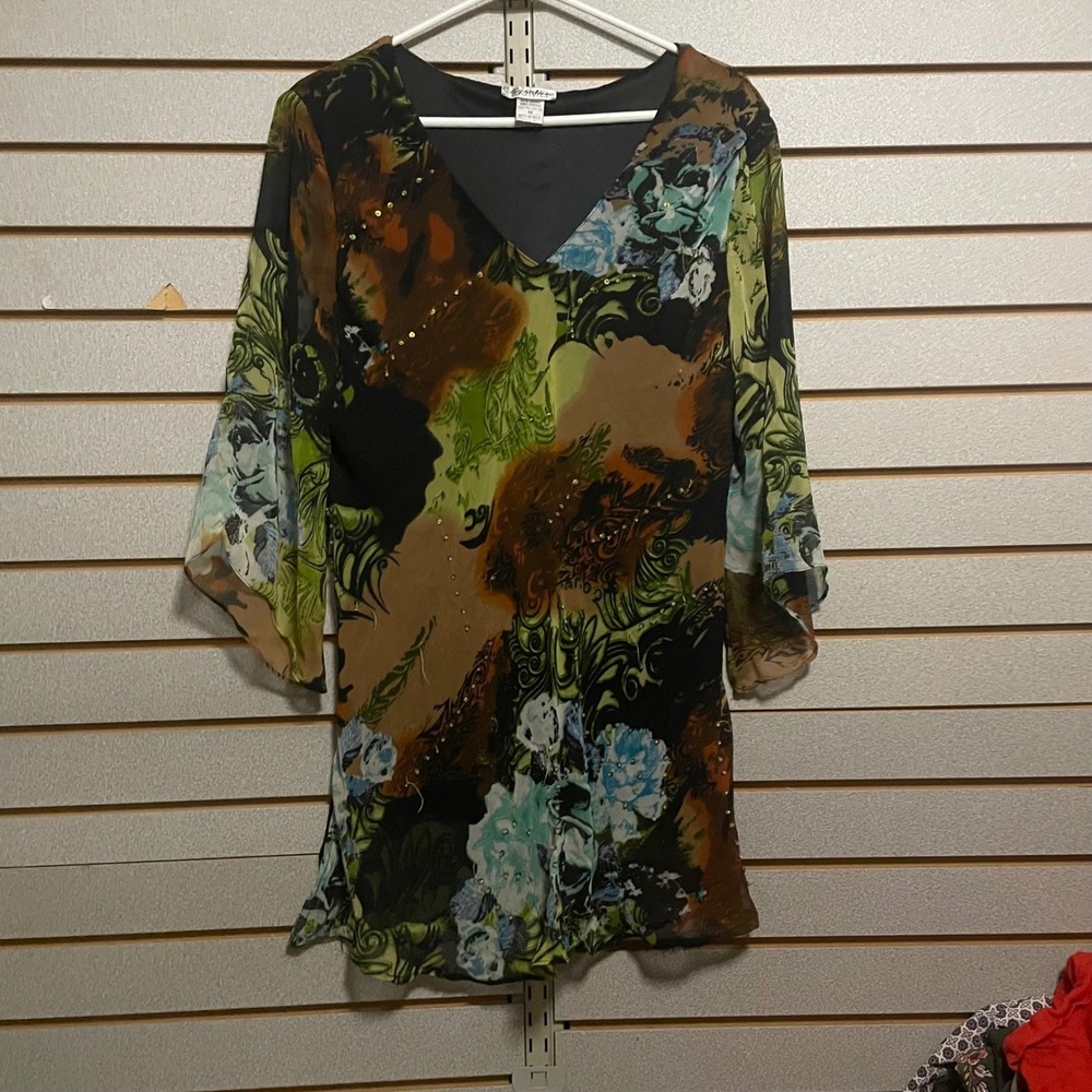 Sheer Floral Print 3/4 Sleeve V Neck Tunic Top XL 1X Embellished‎ Gold Accents